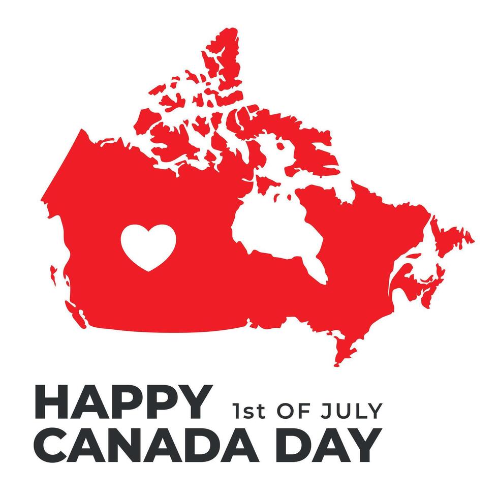 Minimalistic trendy simple social media template for Canada day, 1st of July. Map of Canada with heart on white background. First of July National Holiday Greeting card, geometrical style poster vector