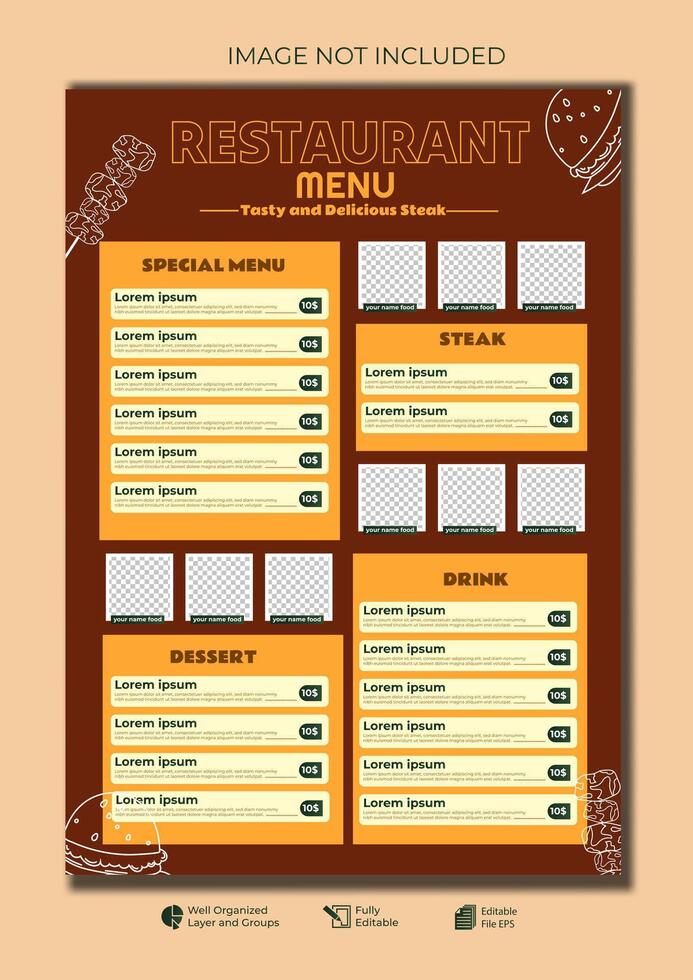 Food restaurant menu layout editable template menu list cafe brown and orange modern template vector