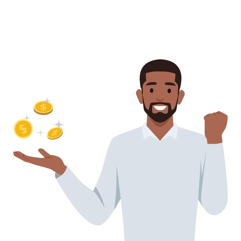 Young man holding a gold coin. Earning money. vector