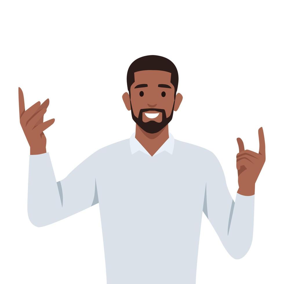 Confident smiling businessman gesturing with hands during presentation. vector