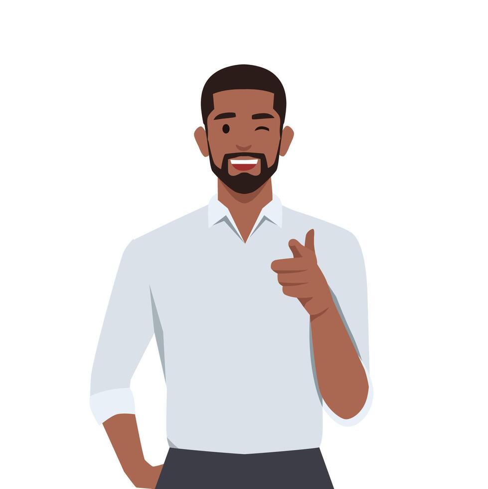Confident black man pointing finger at camera. vector