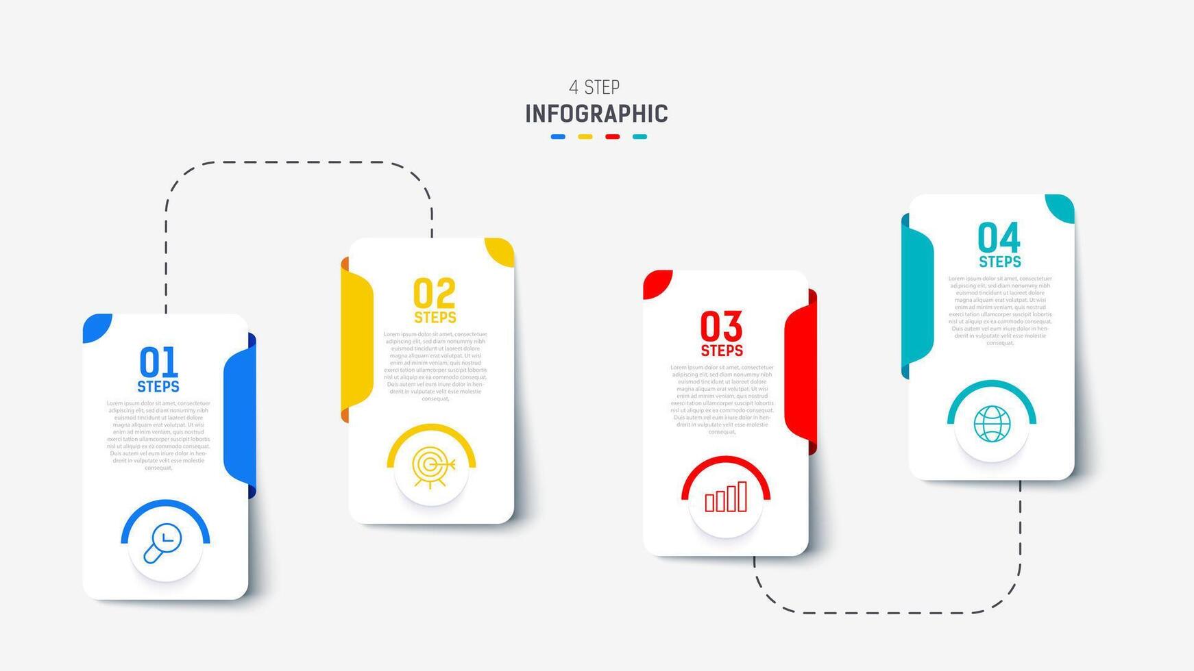 cuatro paso infografía elemento diseño modelo para presentación. proceso diagrama y presentaciones paso, flujo de trabajo disposición, bandera, fluir cuadro, informacion gráfico ilustración. vector