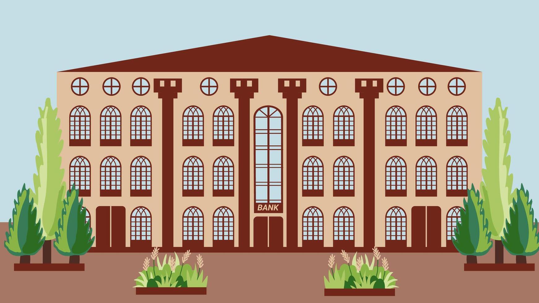 Bank in an old house on the street in the shade of trees. Bank building in the ancient center of a European city. Illustration in a flat style. City landscape of urban infrastructure vector