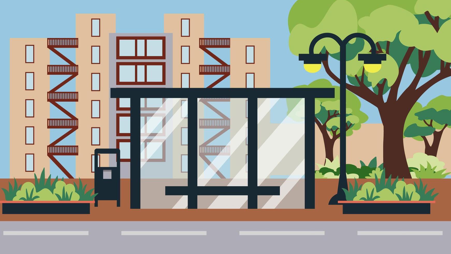 Illustration of a bus stop on a summer street of a cozy city against the background of a house and trees, illustration in a flat style. vector