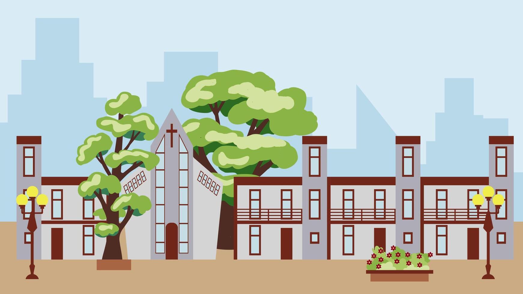 Summer street of a modern city with a church surrounded by trees. Illustration of urban infrastructure in a flat style. vector