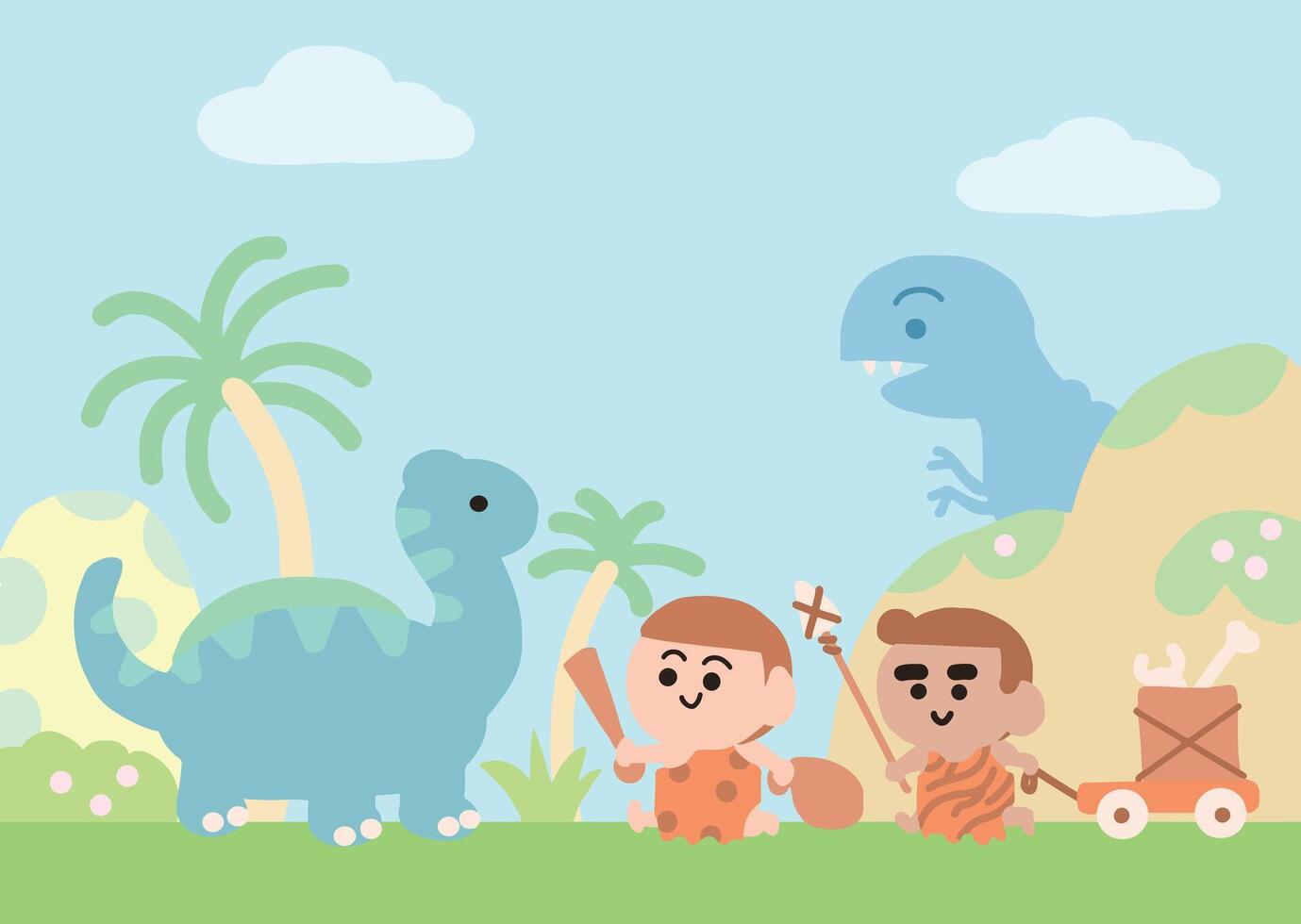Caveman and Dinosaurs cartoon style. vector