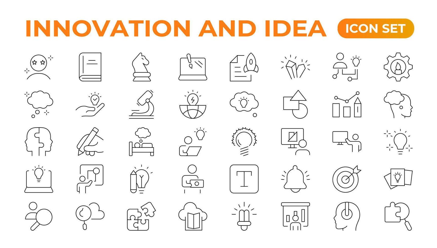 Innovation line icons collection. Technology, creative, icons. UI icon set. Thin outline pack. Idea Creative idea, brainstorming, solution, thinking and innovation Lightbulb with brain outline icon. vector