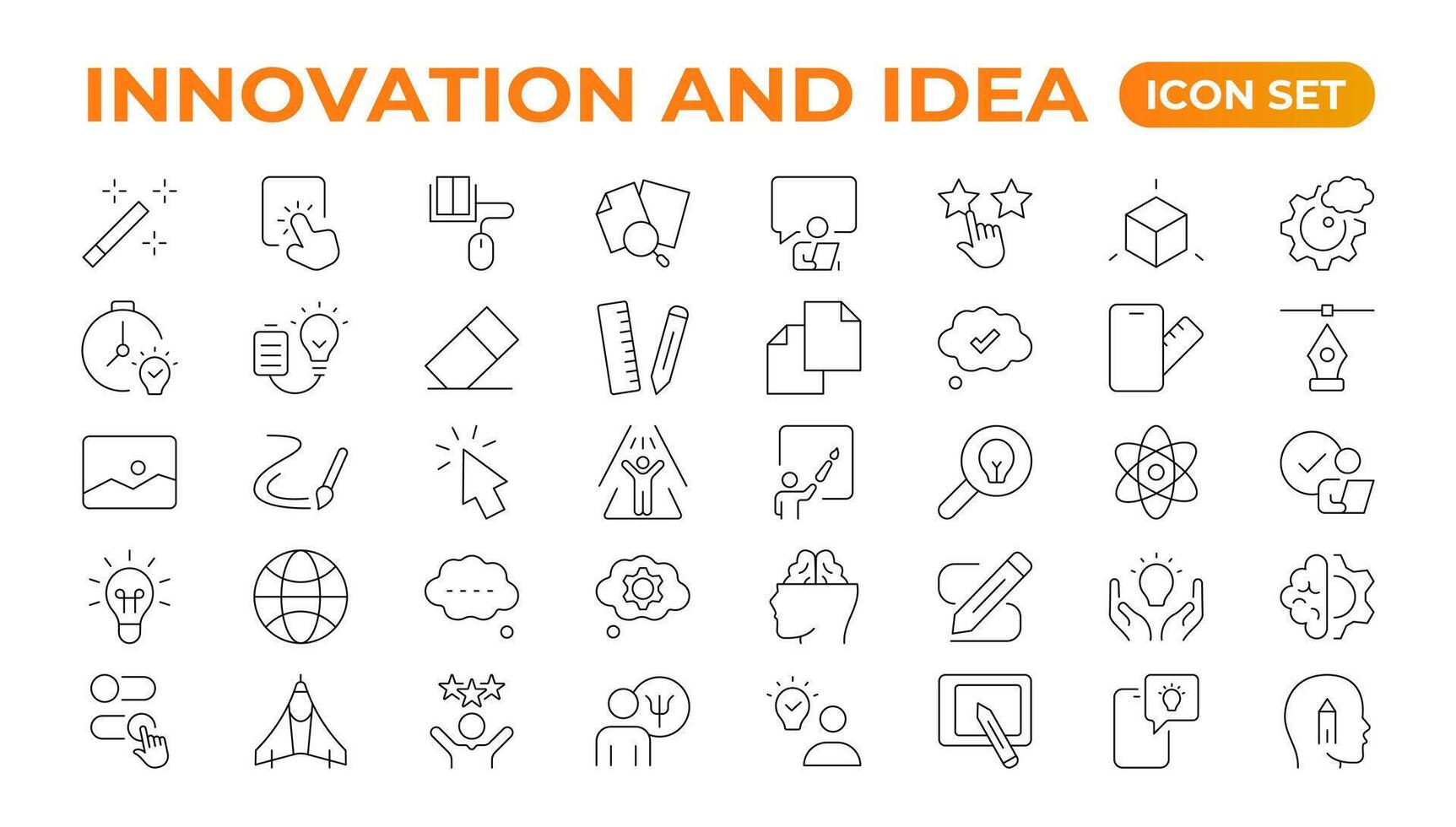 Innovation line icons collection. Technology, creative, icons. UI icon set. Thin outline pack. Idea Creative idea, brainstorming, solution, thinking and innovation Lightbulb with brain outline icon. vector