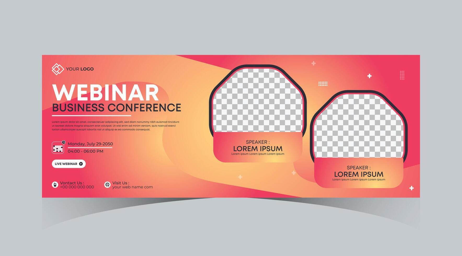 Webinar business online course web banner and social media cover template design. Dark navy blue, Green, Orange color with stripe line shape background for marketing webinar, online class banner vector