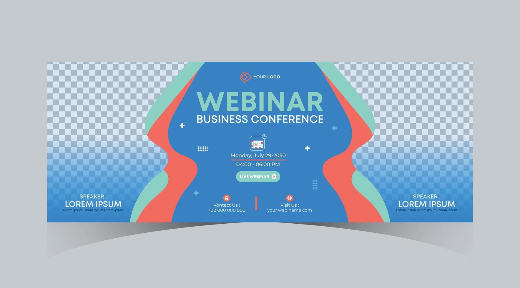 Webinar business online course web banner and social media cover template design. Dark navy blue, Green, Orange color with stripe line shape background for marketing webinar, online class banner vector