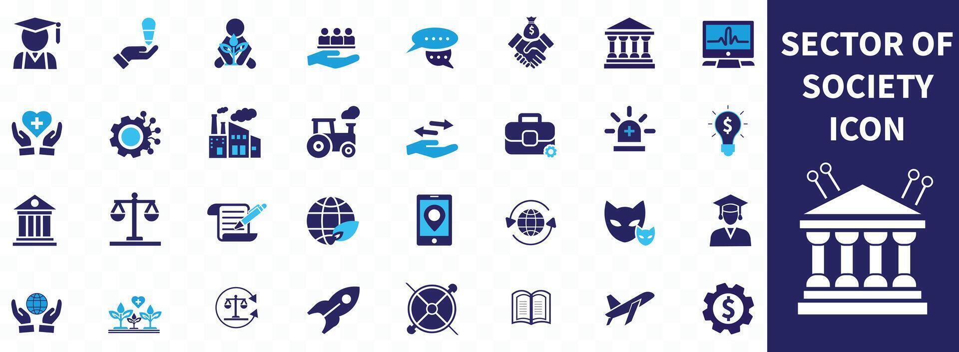 Sector of society icon set. Containing agriculture, education, healthcare, energy, technology, transportation, arts, justice and more. Solid icons collection. vector