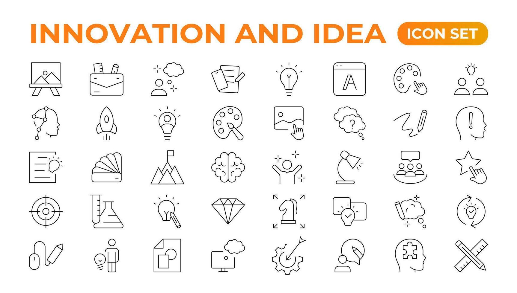 Innovation line icons collection. Technology, creative, icons. UI icon set. Thin outline pack. Idea Creative idea, brainstorming, solution, thinking and innovation Lightbulb with brain outline icon. vector