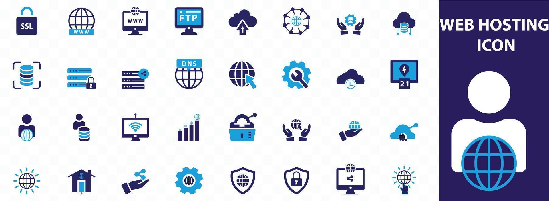 Web hosting icon set. Containing cloud computing, server, domain, firewall, internet, FTP, database, SSL, data hosting and more. Solid icons collection. vector