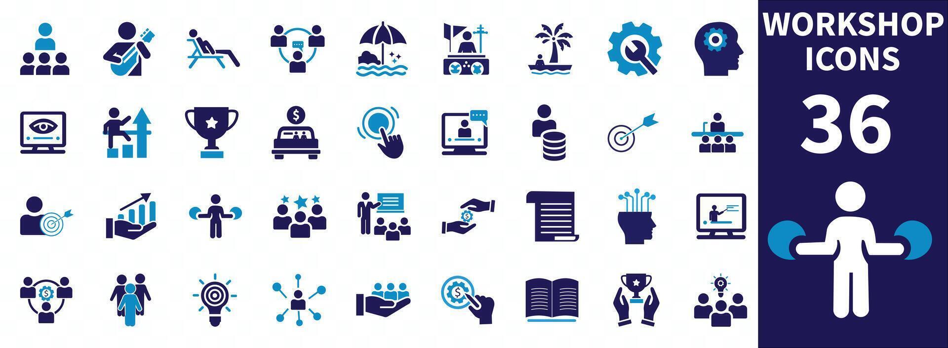 Workshop flat icons set. Summer vacations symbols. Teamwork, motivation, collaboration, practice, containing team building, education and more signs. Flat icon collection vector