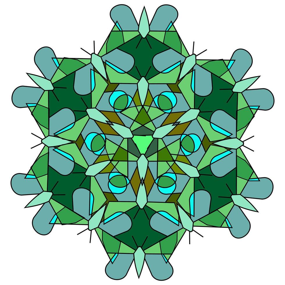 Ornament of geometric figures of butterflies in the style of combinatorics in green shades, mandala on a white background vector