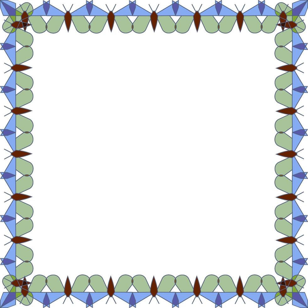 Frame of geometric shapes of green and blue butterflies on a white background vector