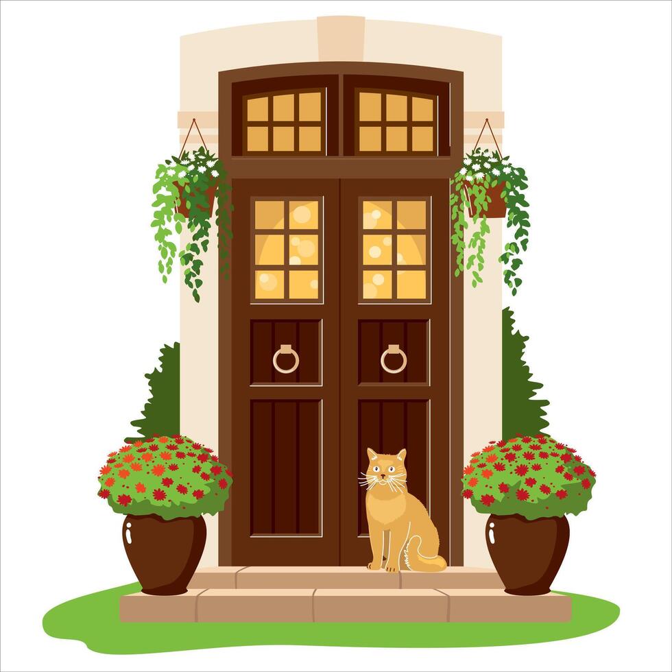 The front door with potted flowers and a sitting cat. Entrance composition with doors, blooming flowers and potted shrubs, stone steps and a red cat. vector