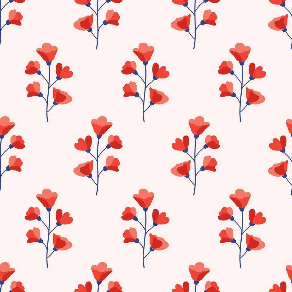 Branch with red flowers, seamless pattern. Floral inflorescences on a beige background. Meadow botanical print, wildflowers vector