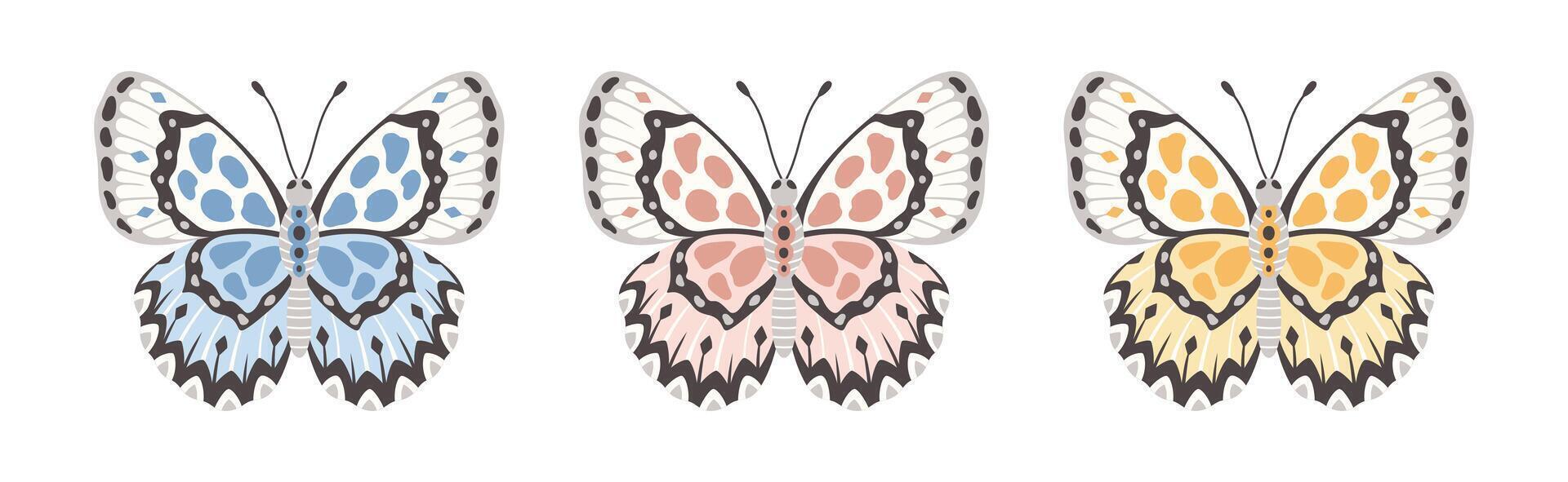 Set of butterflies, illustration. Insect wings with abstract ornament, front view, a symbol for tattoo design. Summer background vector