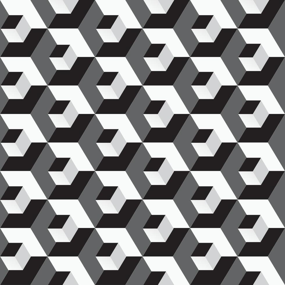seamless geometric pattern. Monochrome cubes repeatable background. Decorative black and white 3d texture vector
