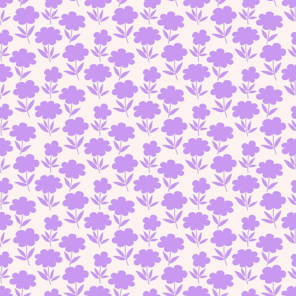 Ditsy style fabric, floral seamless pattern. Vintage decorative print with small violet flowers and leaves on a white background vector