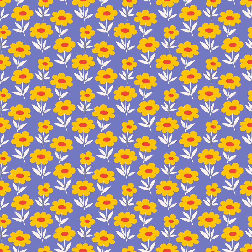floral sin costura modelo con pequeño amarillo flores y blanco hojas en un azul antecedentes. Clásico ditsy estilo tela. decorativo imprimir, ilustración vector