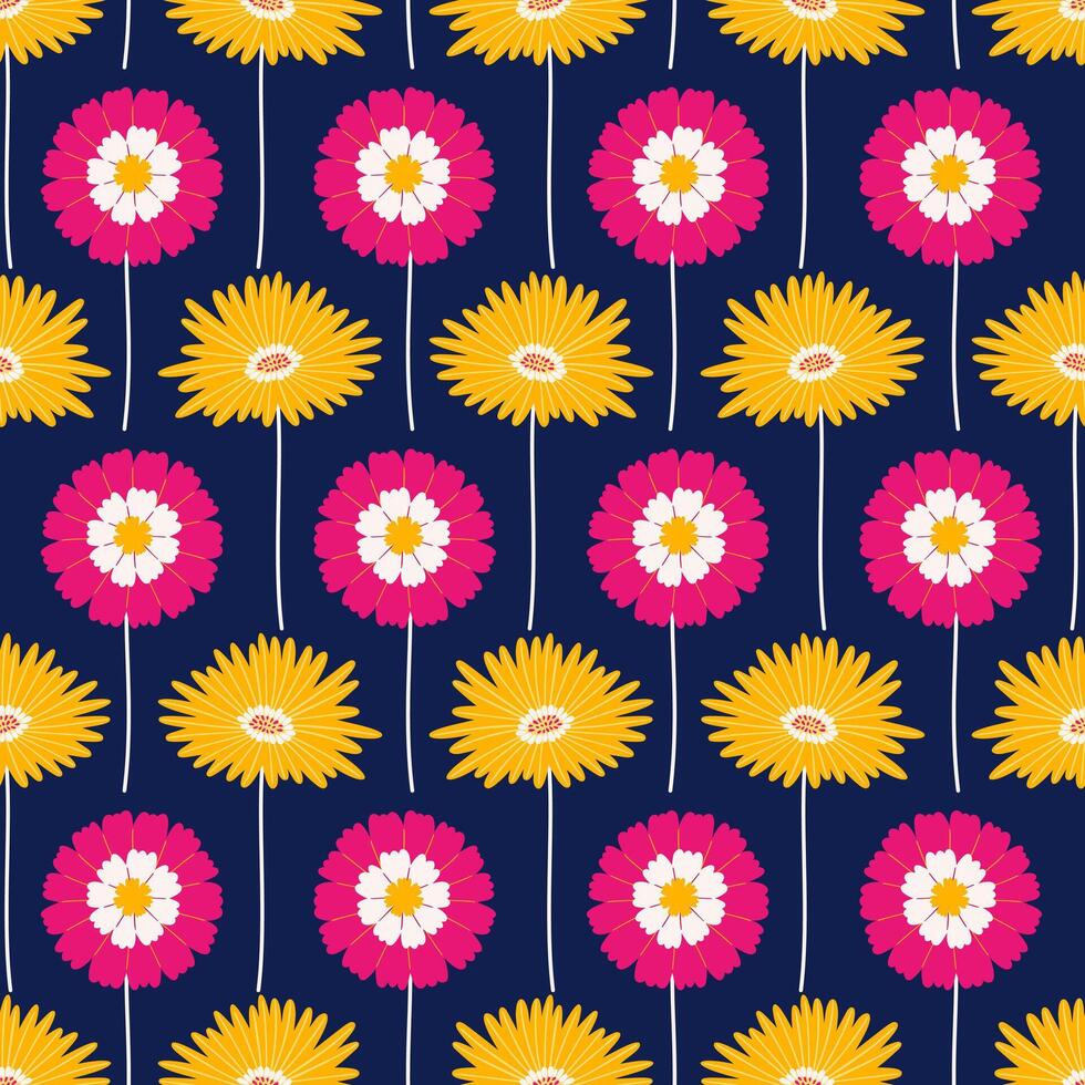 Seamless pattern with gerbera and zinnia flowers on a dark blue background. Summer bright floral illustration. Spring botanical print, modern style design vector
