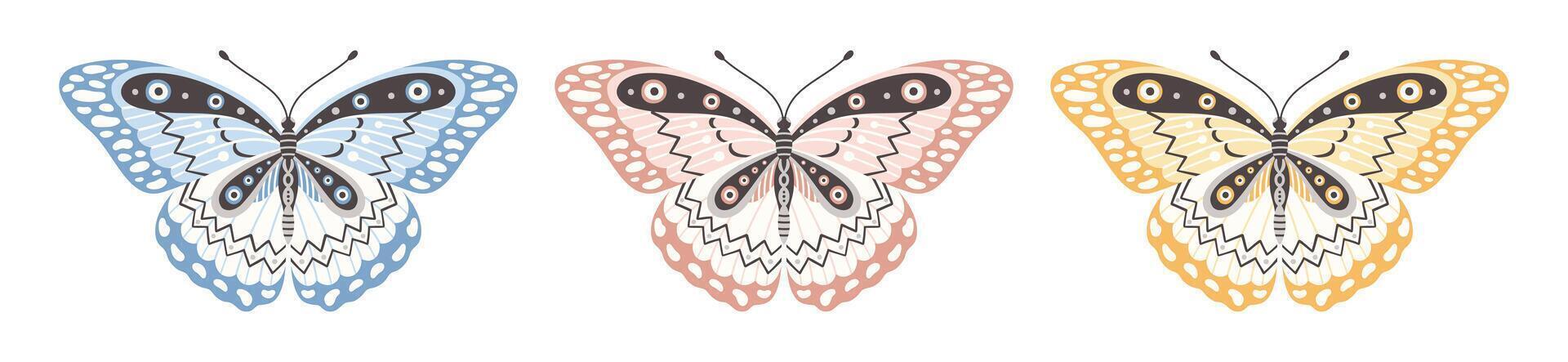 Set of butterflies or moths in three colors, illustration. Beautiful wings with abstract ornament, front view. Element for tattoo design. Summer background vector