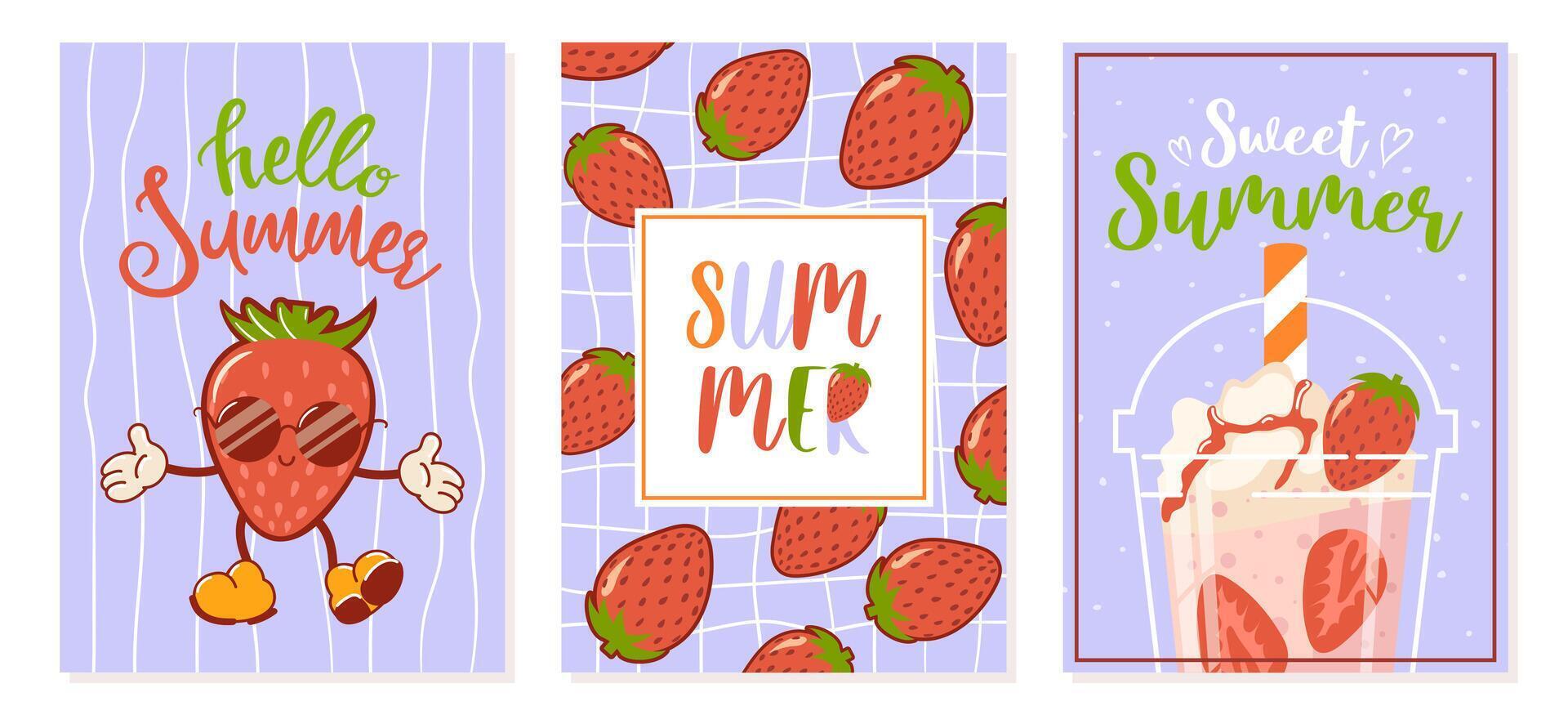 Hello summer. Set of postcards, banners for sale. Cool strawberry in sunglasses, a cute retro cartoon character. Berry cocktail with whipped cream. Groovy, vintage. Trendy old style. 1970s vector