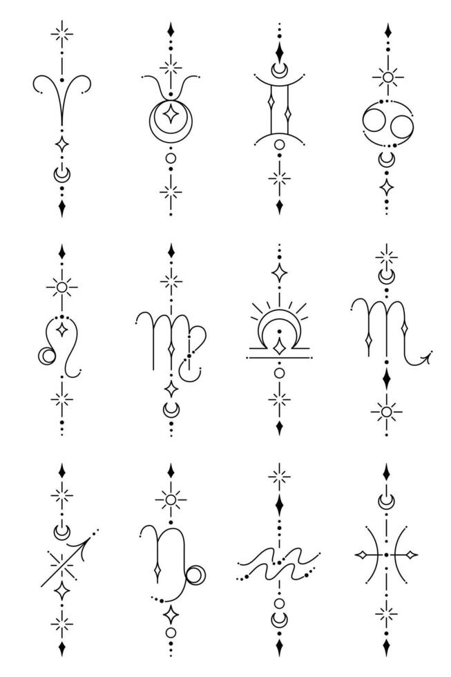 Set of zodiac sign and symbol blackwork tattoo. Sacred geometry horoscope tattoo design collection, mystic symbol of constellation. New school dotwork, line art minimalist style tattoo. vector
