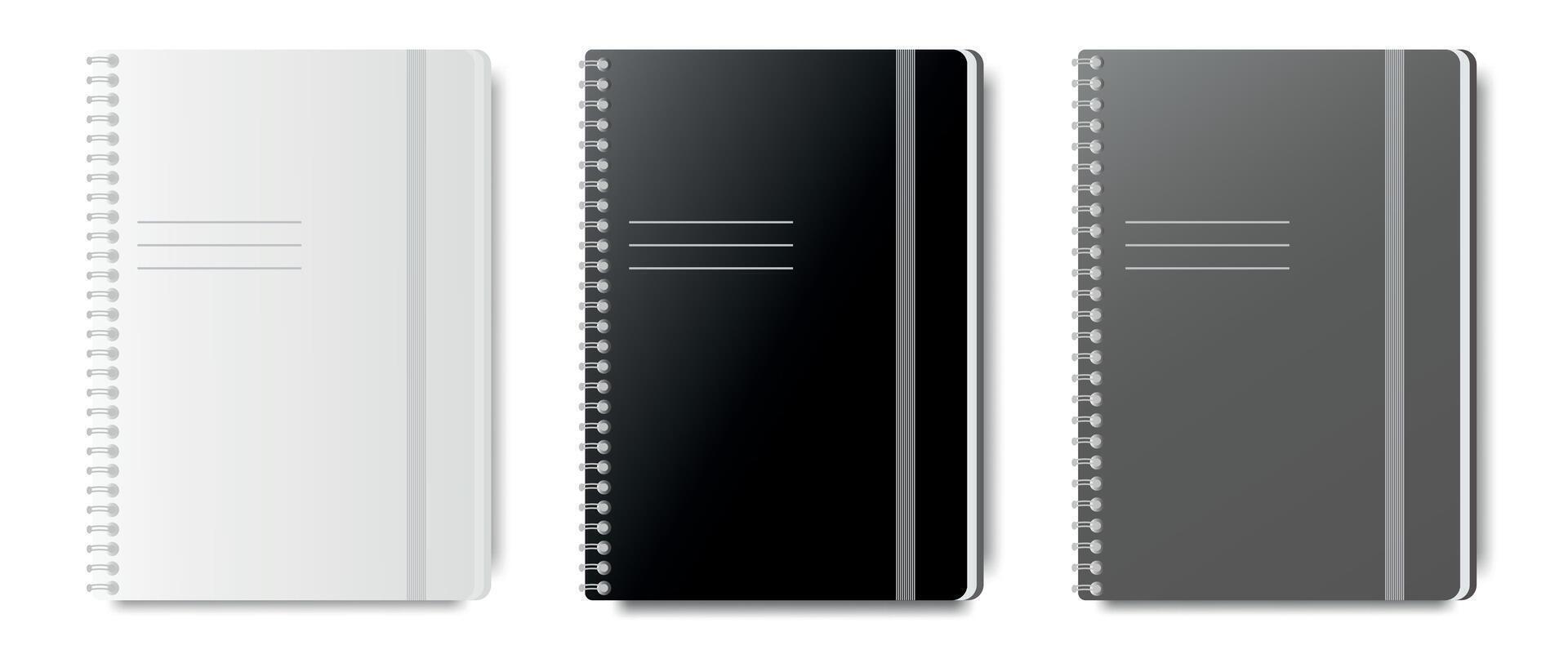 Realistic set of notepad templates, white, gray, black closed blank notepad isolated on white background. Design of notebook with eraser for layout, printing, logo and other stationery. vector