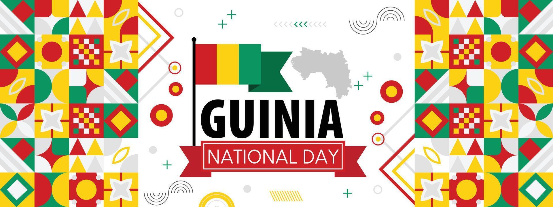 Guinea national or independence day banner for country celebration. Flag and map of Guinea. Modern retro design with typorgaphy abstract geometric icons. vector