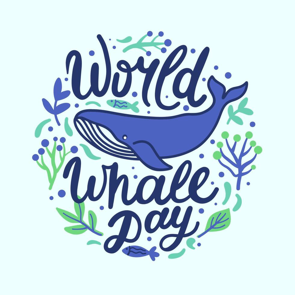 World whale day hand lettering poster, flat design vector