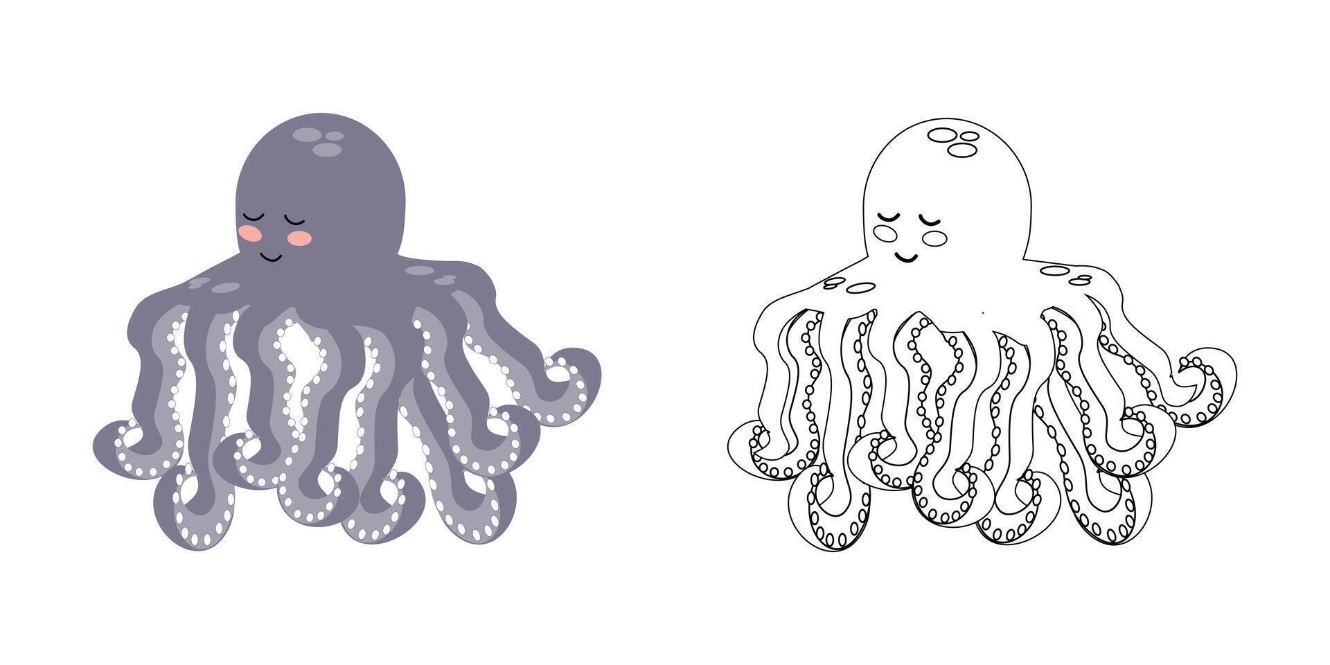 Cute purple octopus character, sea animal. cartoon illustration for children's coloring books, outline and example in color. vector