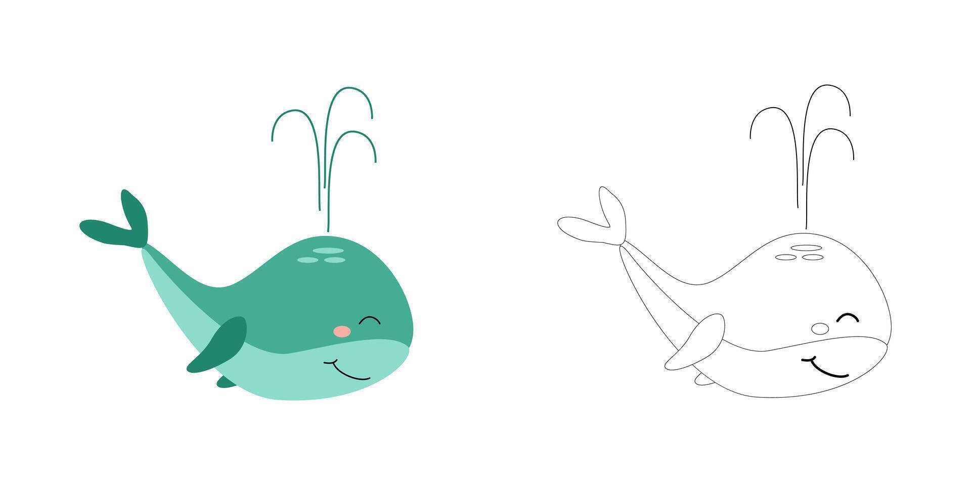 Coloring book Cute funny green whale with fountain. cartoon illustration for children's coloring books, outline and example in color. vector