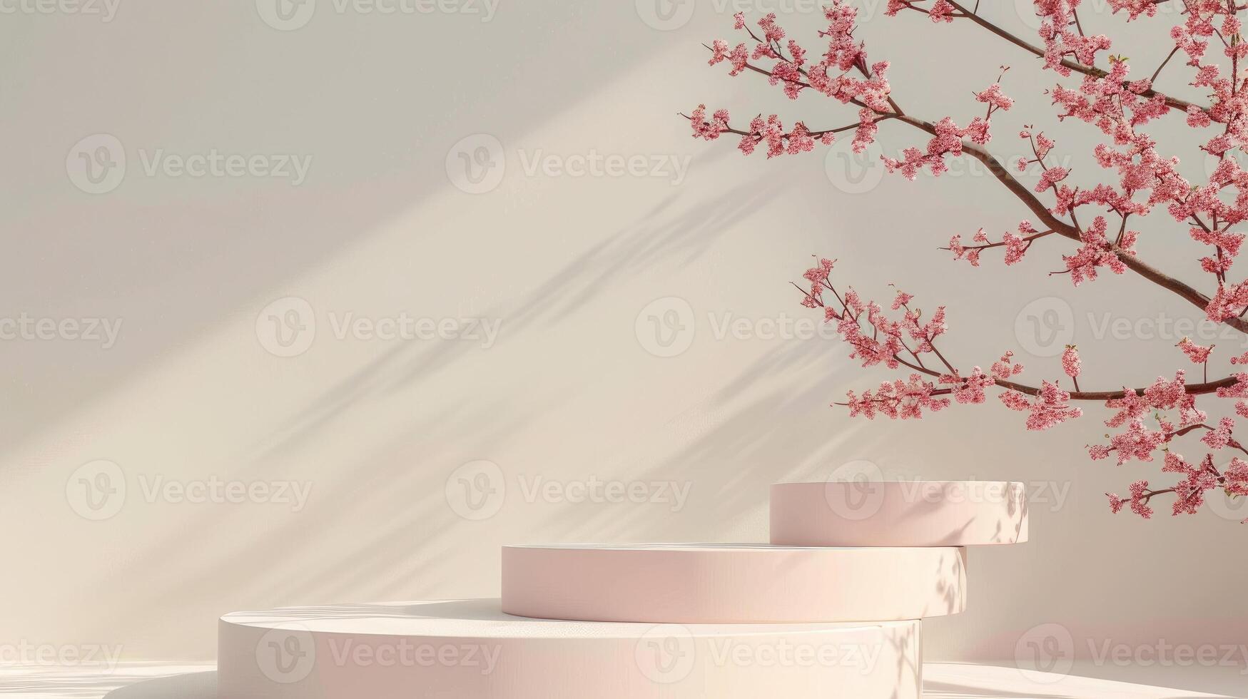 3D podium on pastel pink background with branch and flowers on sun ray. Minimal pedestal for beauty, cosmetic product with leaf shadow. Feminine copy space template 3d render photo
