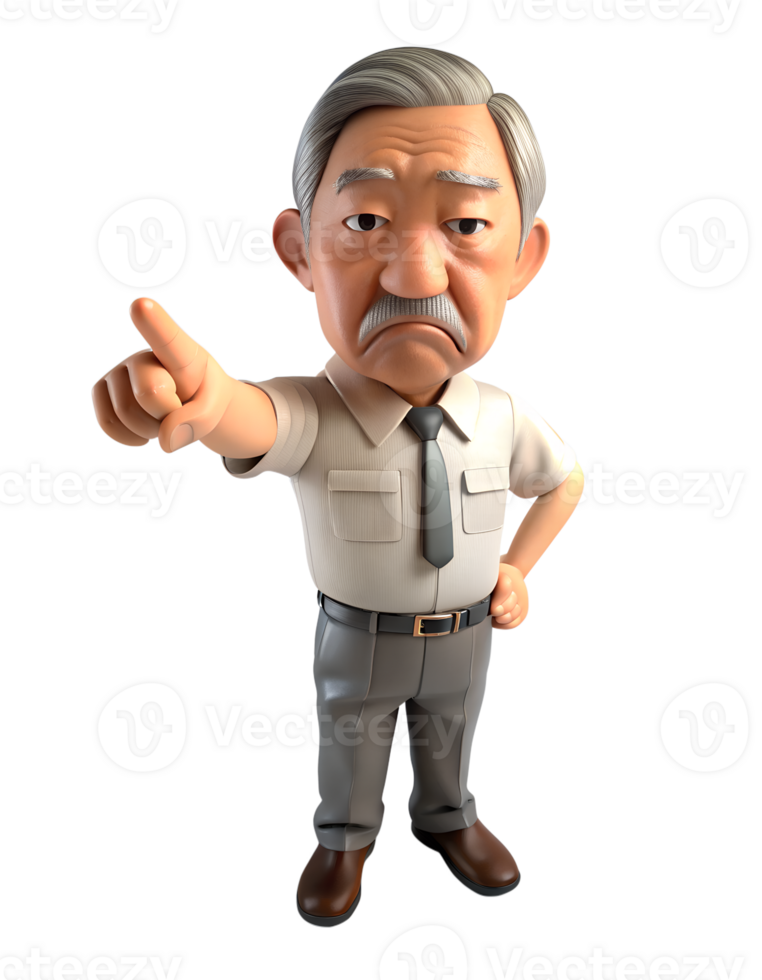 3d style illustration of asia An older man with grey hair and a tie is pointing his finger at the camera png