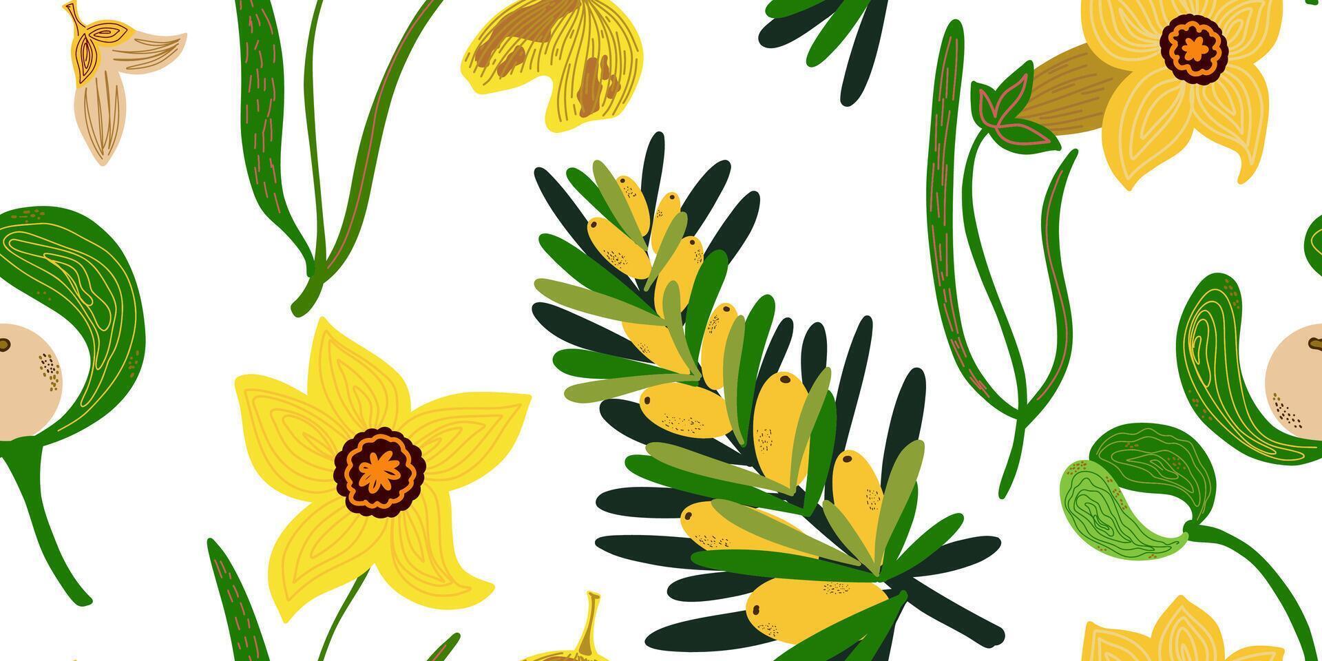 a pattern with yellow flowers and leaves vector