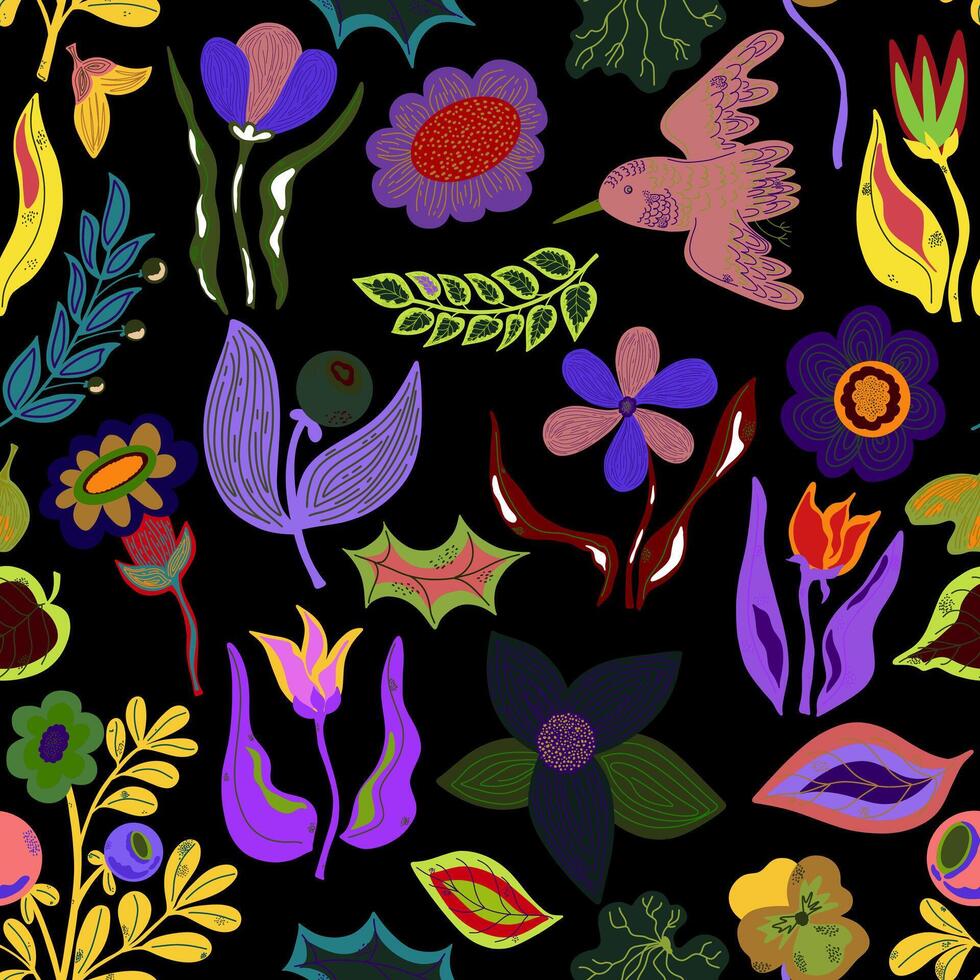 a colorful pattern of flowers and leaves on a black background vector