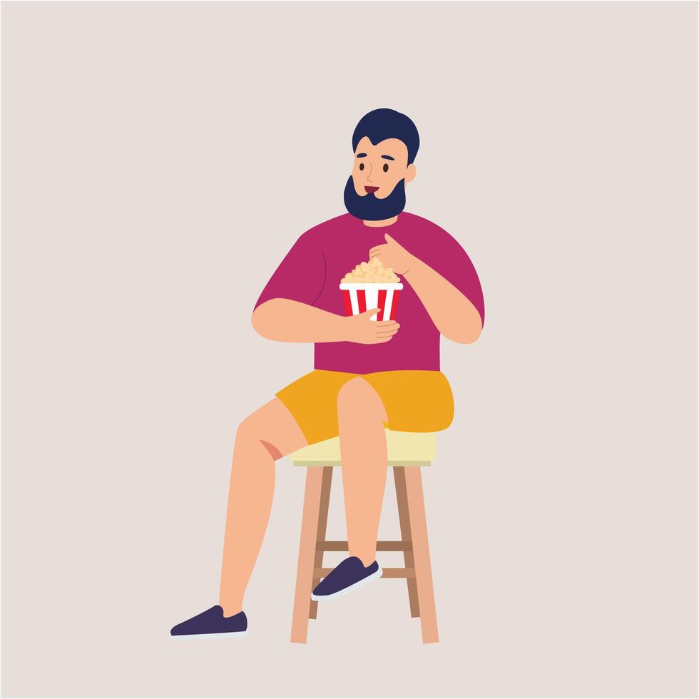 Guy sits on chair and eats popcorn vector