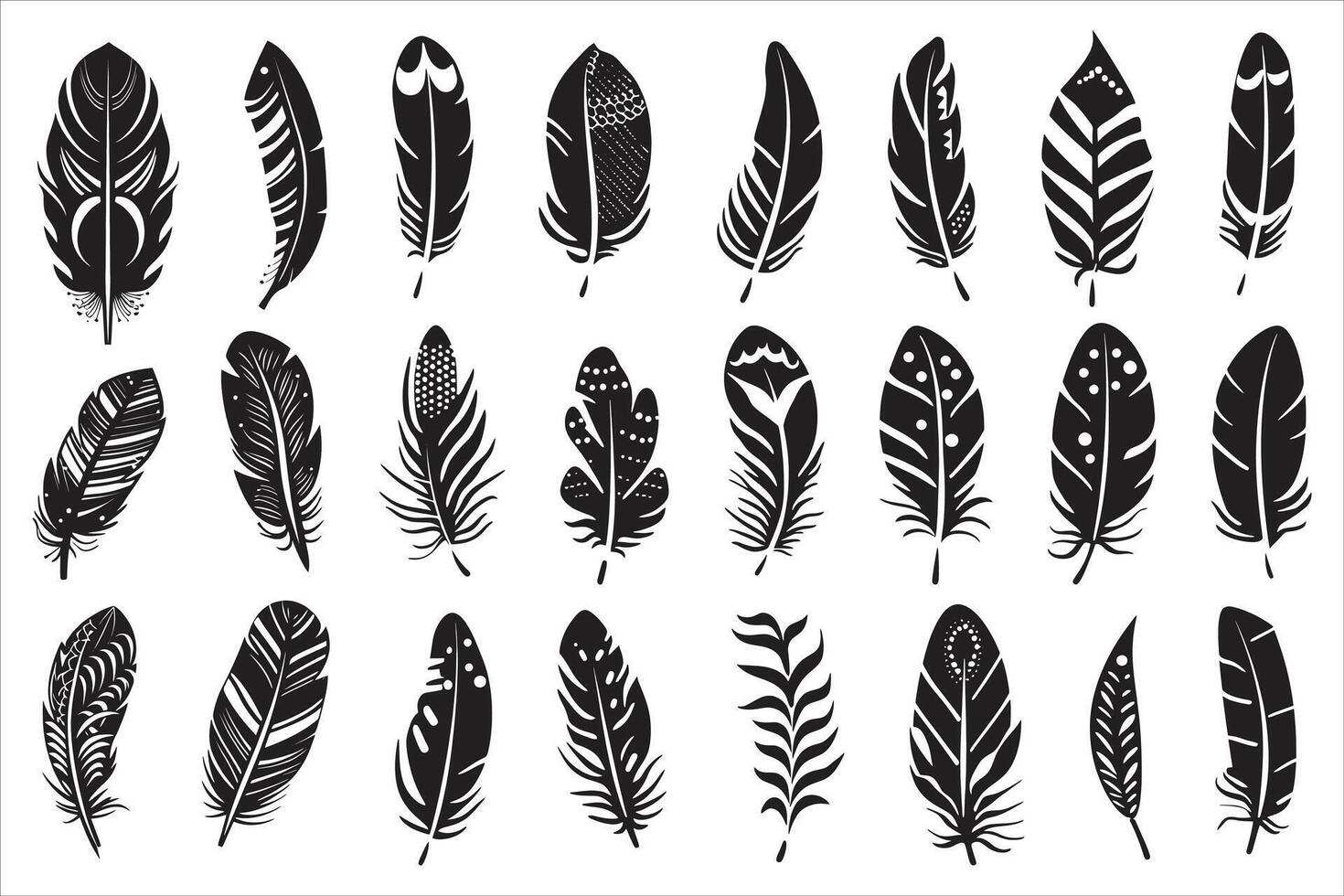 Rustic ethnic decorative feathers set black silhouette, Collection of hand-drawn feathers, Set of decorative animal feathers, Bird feather icon silhouette collection vector