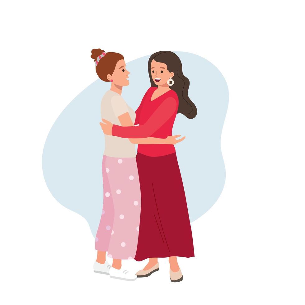 Joyful meeting of two beautiful stylish girlfriends vector