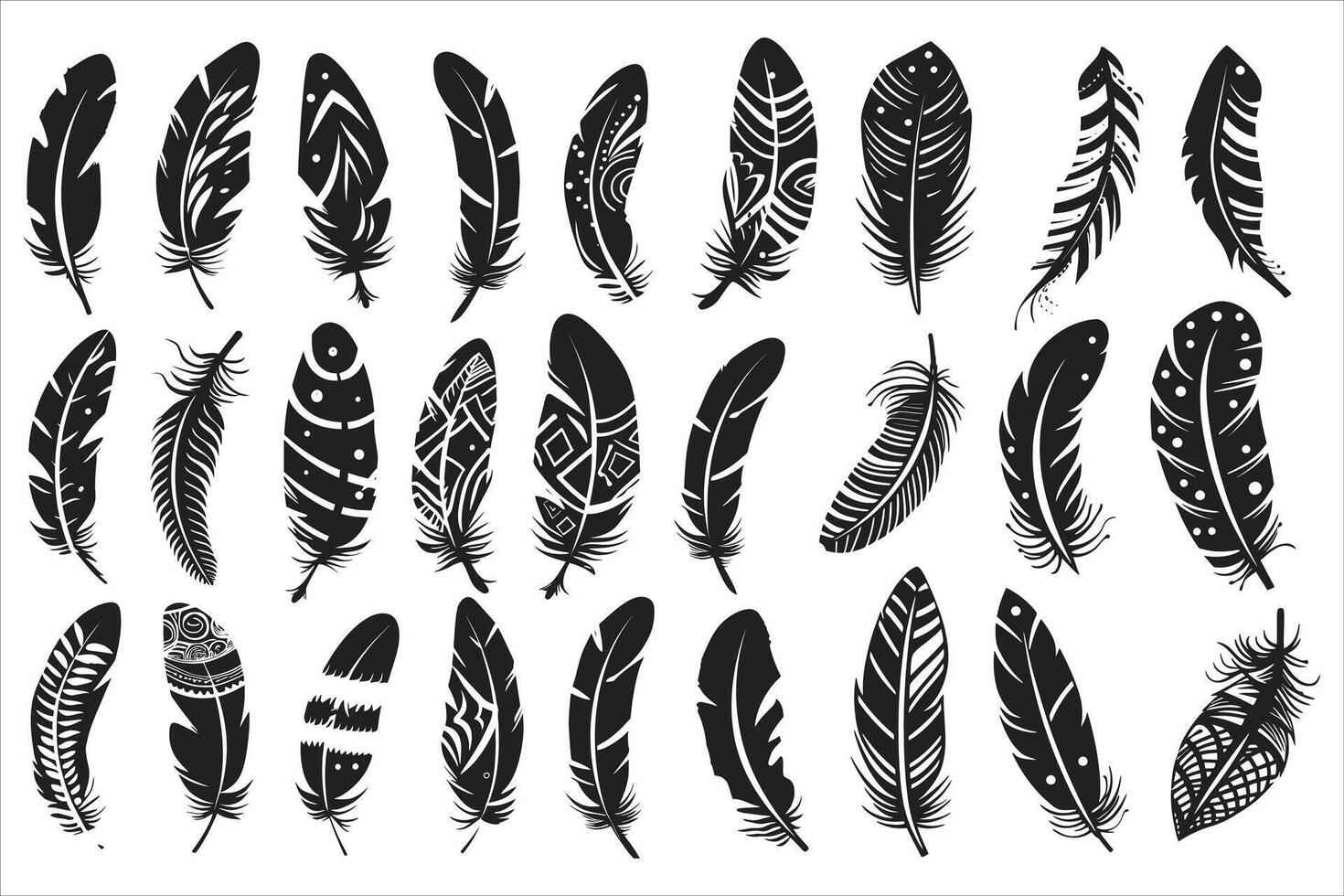 Rustic ethnic decorative feathers set black silhouette, Collection of hand-drawn feathers, Set of decorative animal feathers, Bird feather icon silhouette collection vector