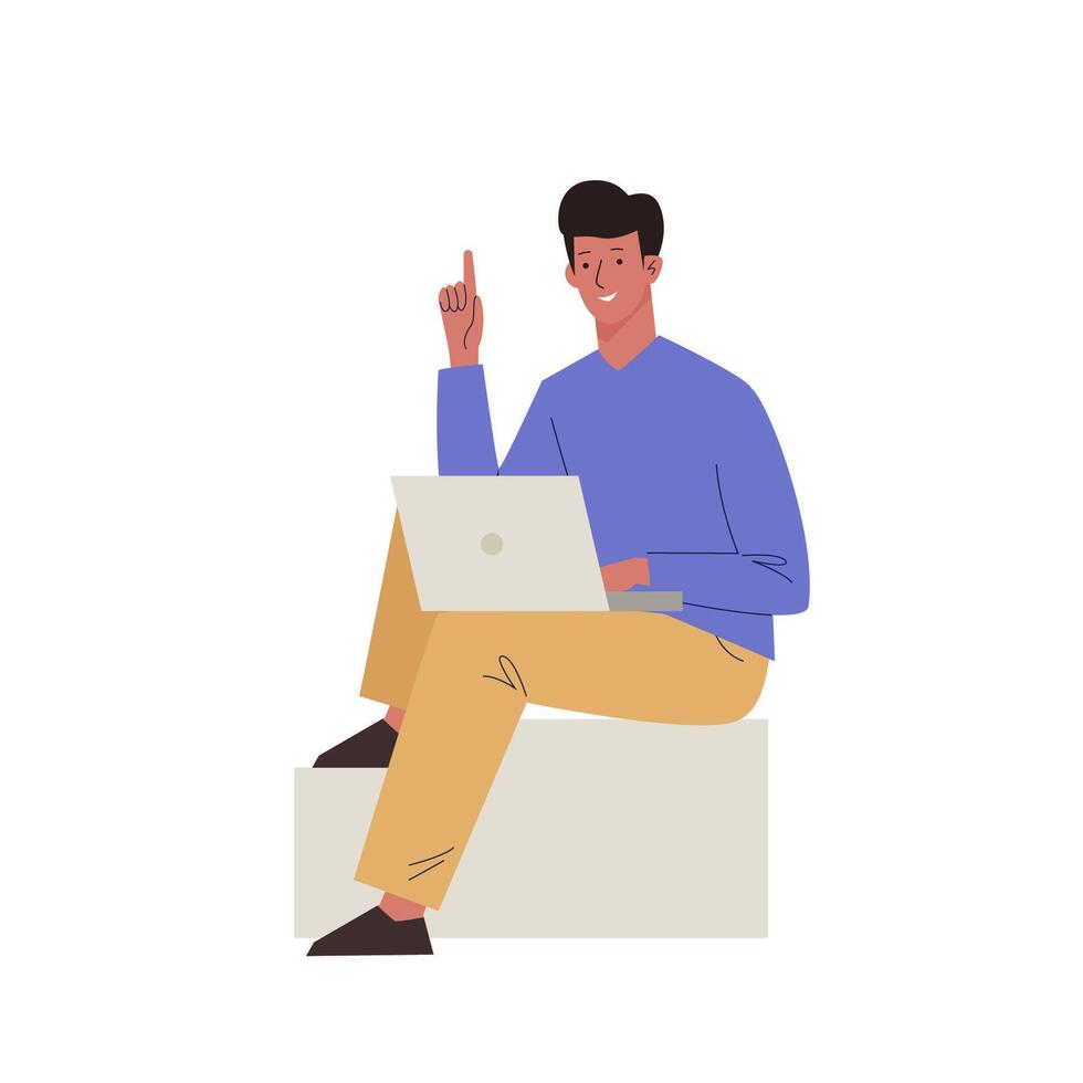 Young man sitting on square blocks working on laptop with raised finger gesture. Male character worker or student. Education concept. Isolated background vector