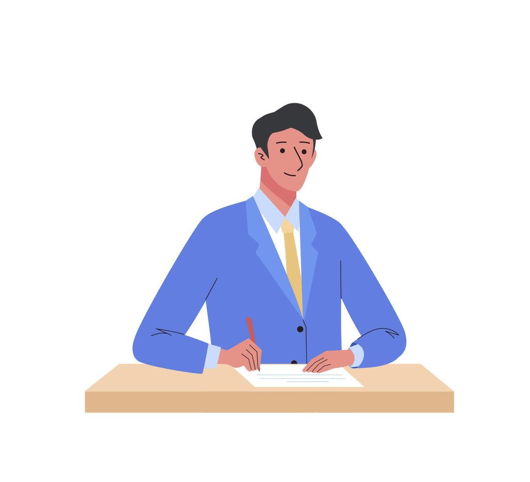 Businessman signing a contract sitting at a table. Business concept of successfully meeting, signed cooperation agreement. Flat cartoon isolated illustration vector