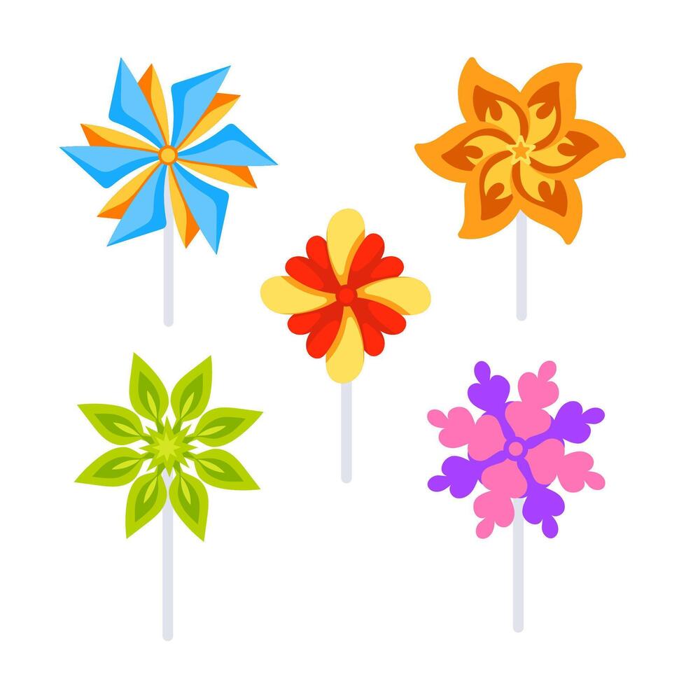 Windmill toy. Origami fan set. Paper pinwheel toys. vector