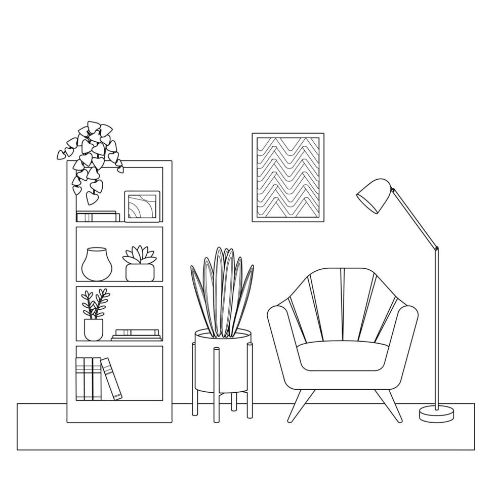 un habitación con muebles, un sillón, un cuadro, un estante, flores linda sencillo colorante libro, describir, bosquejo, ilustración. vector