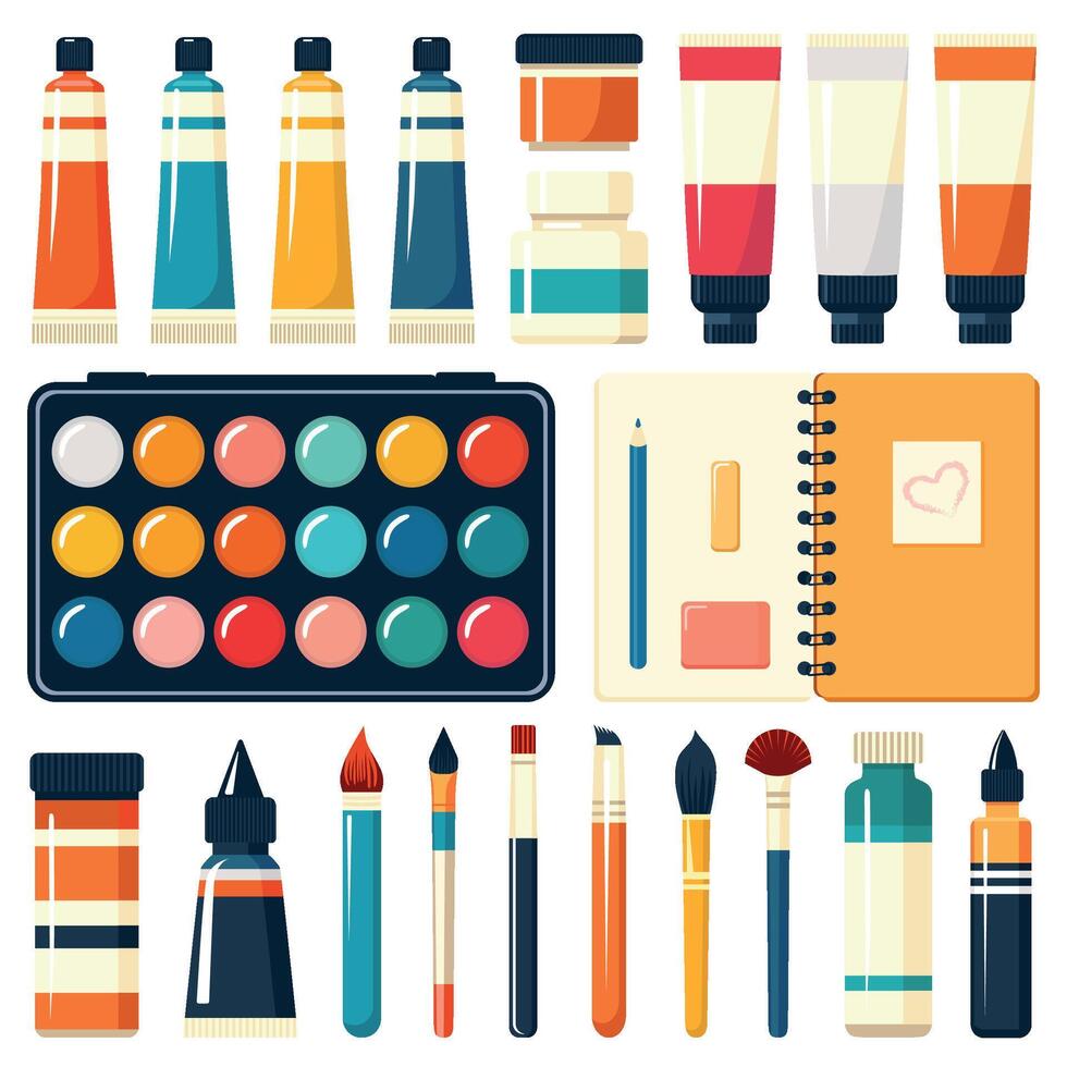 conjunto de Arte colegio materiales pinturas, cepillos, lápiz, borrador, paleta vector
