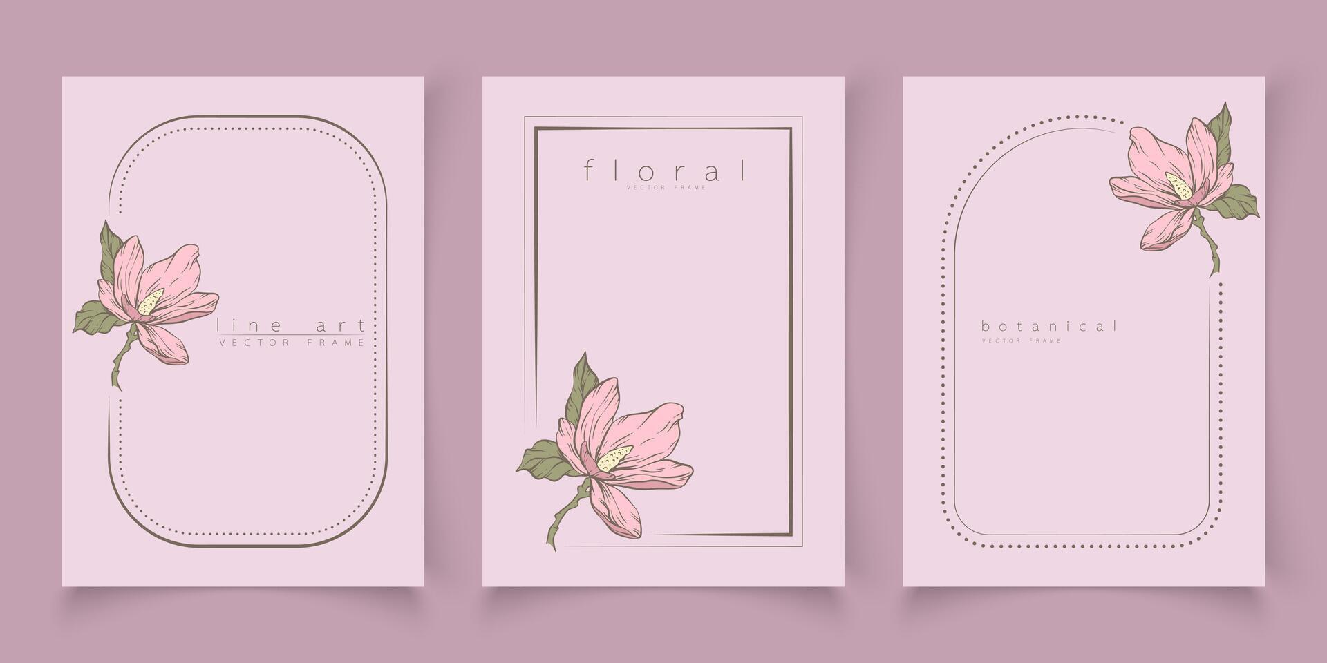 Set of frame templates in minimal linear style with hand drawn magnolia flower. Elegant floral line art border for for labels, wedding invitation, logo save the date, beauty or cosmetic industry. vector