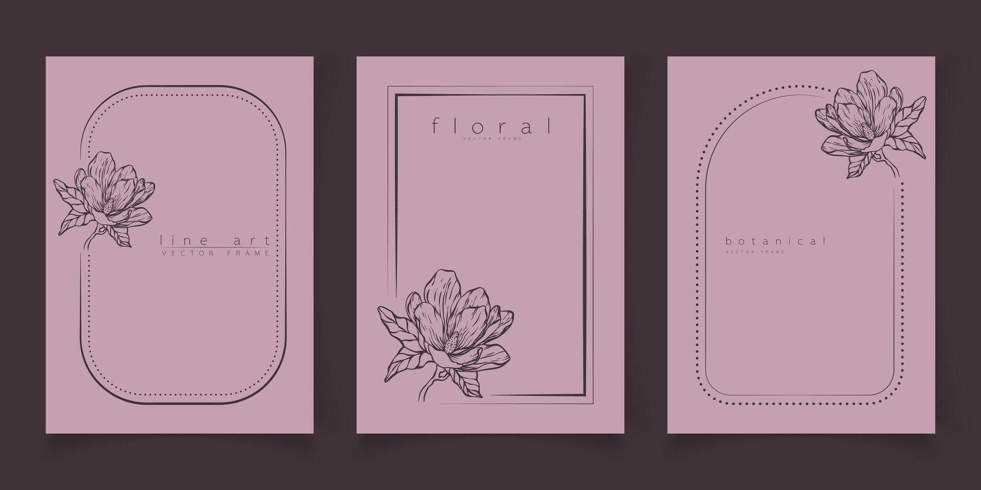 conjunto de marco plantillas en mínimo lineal estilo con mano dibujado magnolia flor. elegante floral línea Arte frontera para para etiquetas, Boda invitación, logo salvar el fecha, belleza o cosmético industria. vector